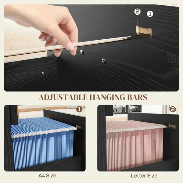 Adjustable hanging bars inside the black four-drawer filing cabinet for A4 and letter files