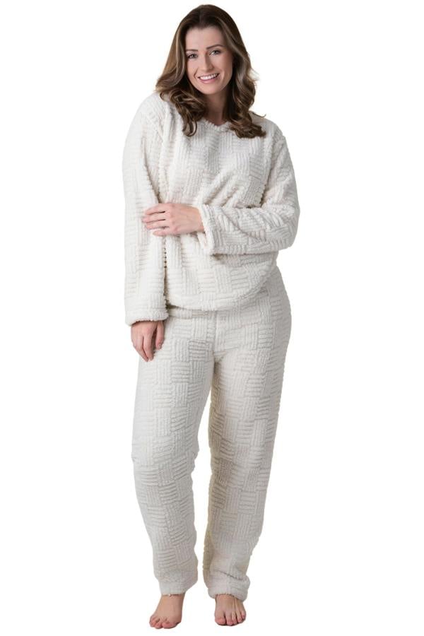 Camille Womens Supersoft Nude Textured Fleece Pyjamas with a Woven Pattern & Rope Detailing