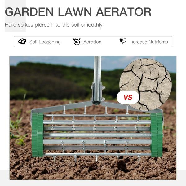 Green lawn aerator roller with metal spike bars for aerating soil