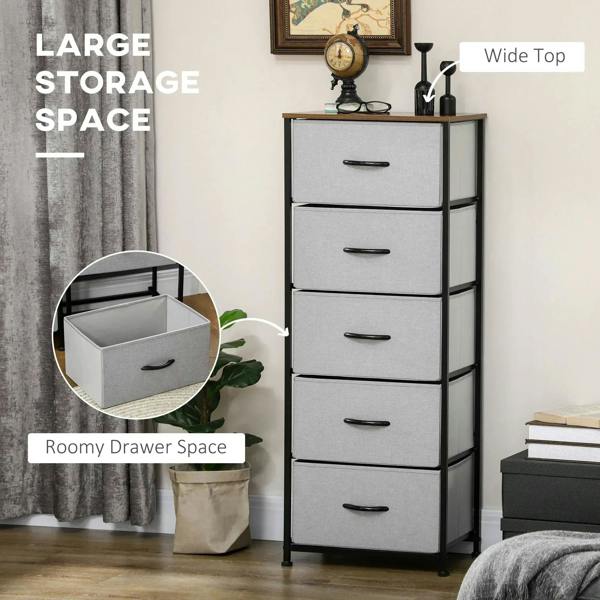 Grey fabric 5-drawer dresser with wooden top, black steel frame, and curved drawer handles