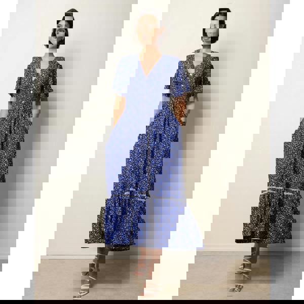 Blue Vanilla Ditsy Floral Button Front Raglan Trim Dress