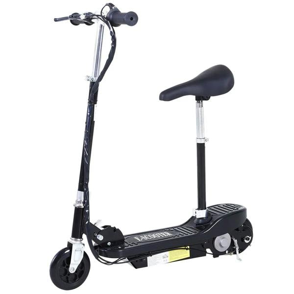 Black powered e-scooter with padded seat and handlebars, front view.