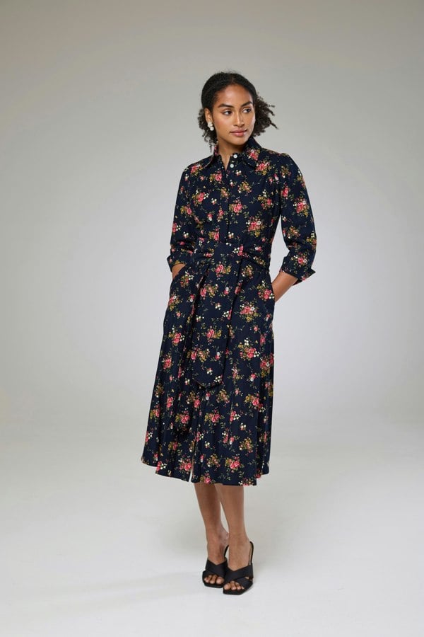 Isha's Timeless collection Navy Flora Cord Long Sleeve Dress