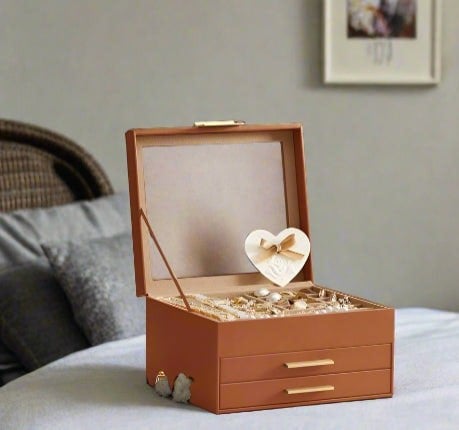 Modcraft 3-Tier Jewellery Box with Glass Lid – Caramel Brown & Gold Organiser with Velvet Lining