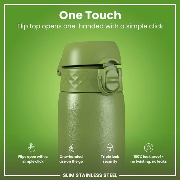 ION8 Leak Proof Slim Water Bottle, Stainless Steel, Khaki Green, 600ml (20oz)