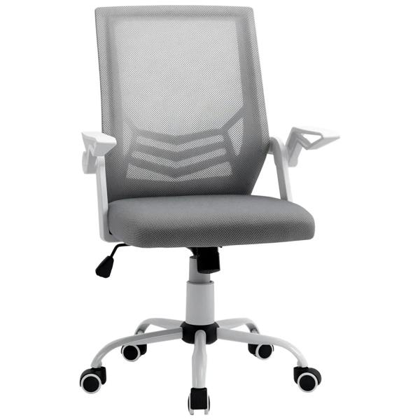 Grey mesh mid-back office chair with flip-up armrests, padded seat, swivel casters