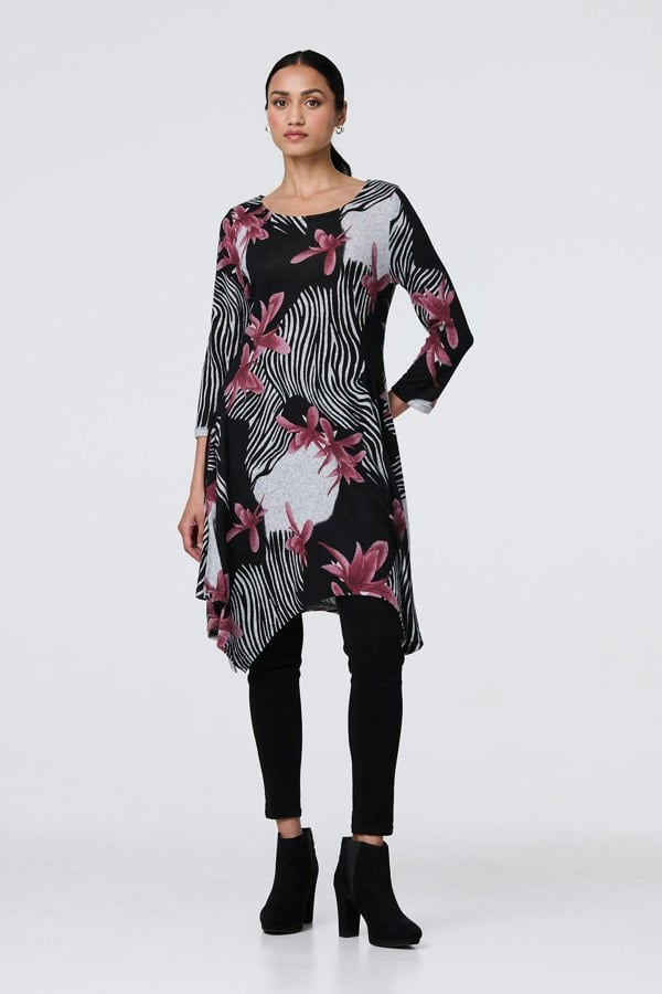 Black | Floral Hanky Hem Tunic Dress