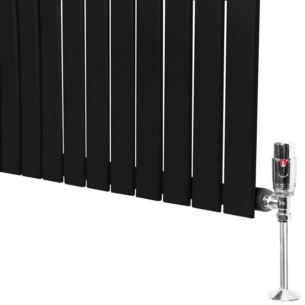 Flat single column radiator in sleek black finish, 1800mm x 420mm, featuring polished chrome valves for modern heating solutions
