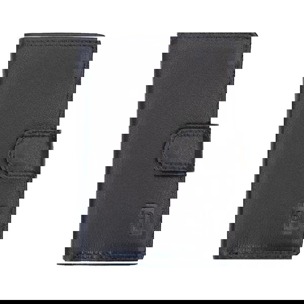 Black leather wallet with a visible brand logo on a white background