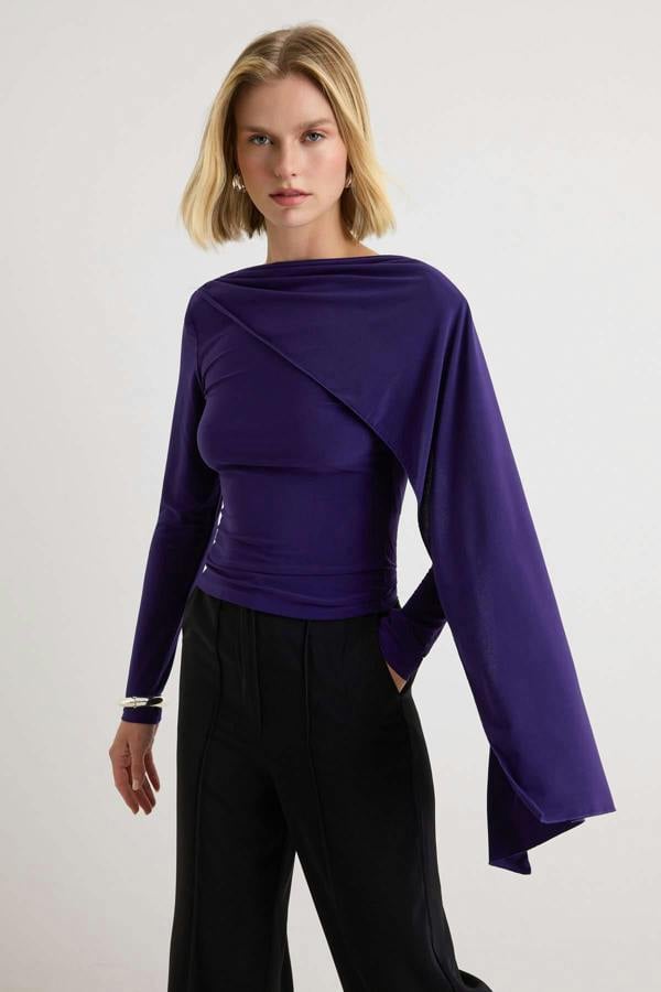 WOVCOR Fitted Boat Neck Cape Detail Long Sleeve Blouse