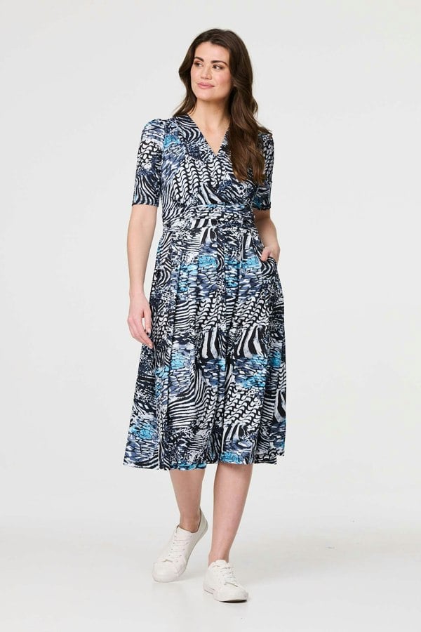 Navy | Abstract Ruched 1/2 Sleeve Midi Dress
