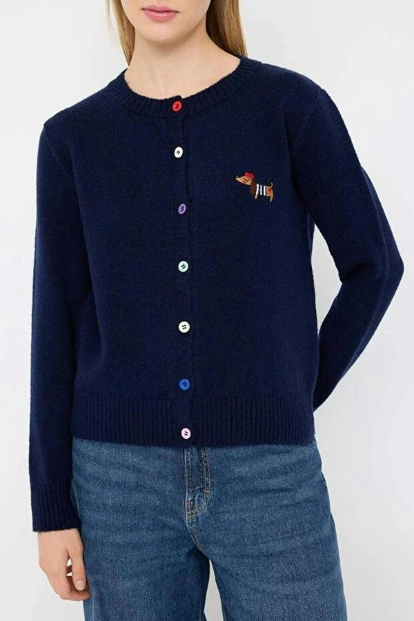 WOVCOR Crew Neck Soft Textured Dog Embroidered Knitwear Cardigan