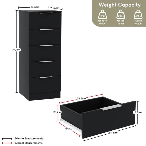 Vida Designs Trega 5 Drawer Narrow Chest, Black