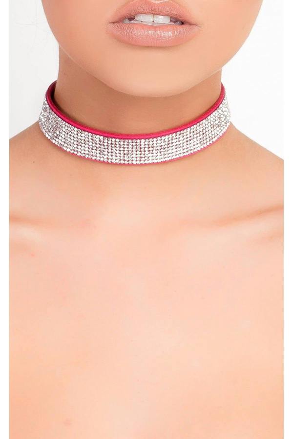 Maria Suede Diamante Choker - Pink