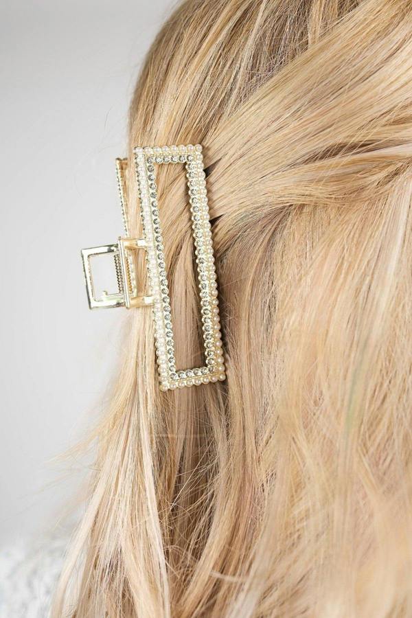 Maelie Rectangle Pearl Diamante Hair Claw - Gold