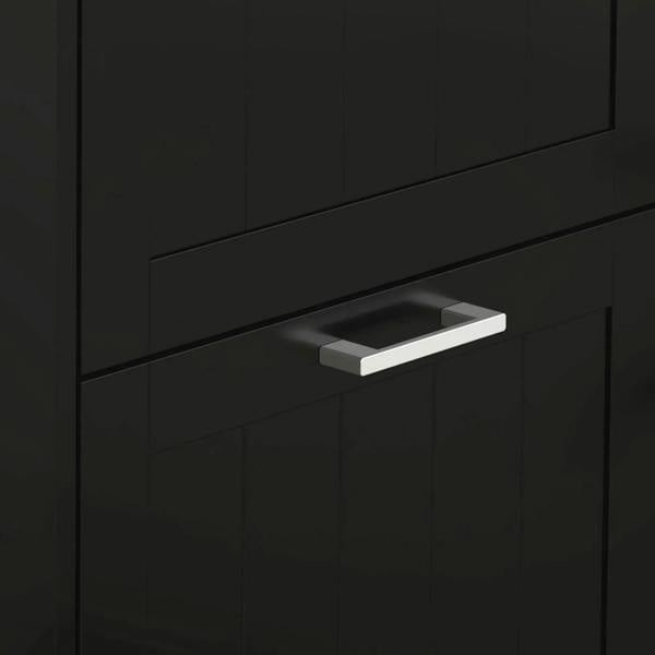 Black shoe cabinet with silver drawer pull handles