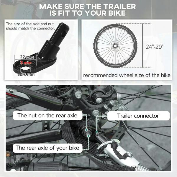 Bike trailer connector and rear axle nut fitment diagram