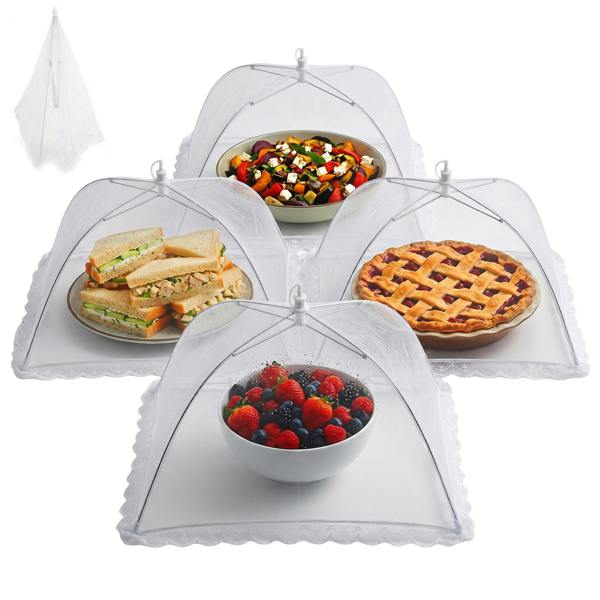 Fusion Food Care Food Covers Mesh Pop Up 4 Pack - 17" Food Umbrella Netting Covers - Foldable & Reusable Plates, Dish & Bowls Mesh Cover