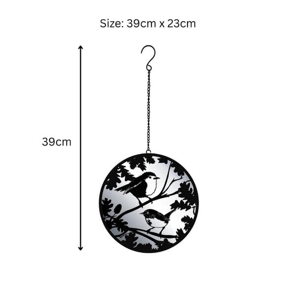 EDH Door Hardware Black Robin & Wren Hanging Mirror Silhouette – 39cm x 23cm | Metal Art Garden Décor | Reflective Hanging Ornament