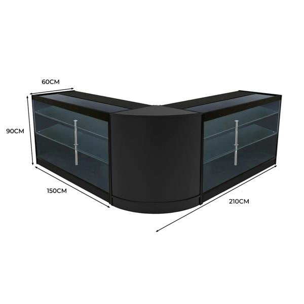 Black Helios LED Shop Counter Set featuring a sleek design with glass shelves, measuring 60cm high, 210cm wide, and 150cm deep