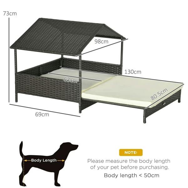 Extendable dark rattan-style dog bed with roof; dimensions shown over cushion