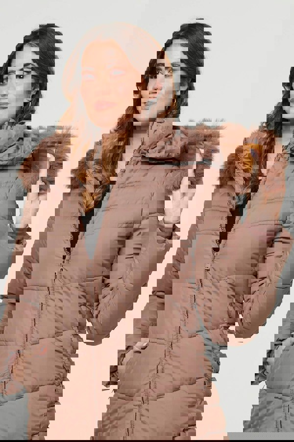 Beige | Faux Fur Hooded Longline Puffer Jacket
