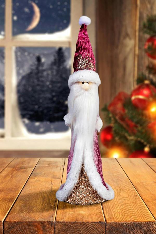 34cm Burgundy Santa Christmas Figurine with White Fur Trim, Jute Embroidery and Long Beard for Festive Home Display image 3