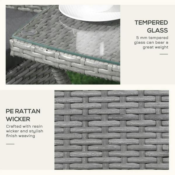 Grey resin wicker weaving with tempered glass tabletop edge close-up