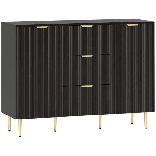 Wyld Haus Surara Baro Black Ribbed 2 Door Sideboard 3 Drawers 2 Shelves Gold Accents