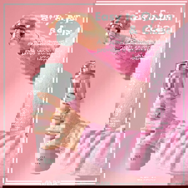 A person unscrews the lid of a pink and metal travel flask in a pink environment. Text: Easy to Open & Close A shaped and machined lid provides a secure grip for a leakproof seal Food safe BPA FREE 100% carbon neutral ION8 TRAVEL FLASK