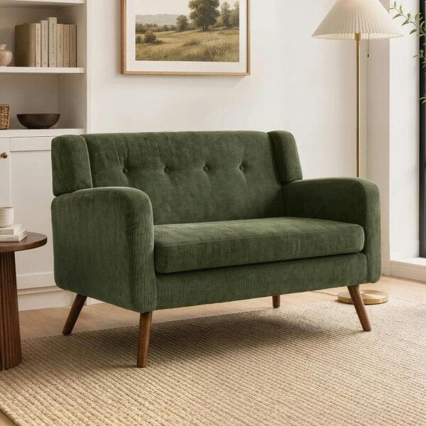 2 Seater Sofa, 118 cm Corduroy Small Loveseat with Spring Cushion, Wood Legs for Small Space, Living Room, Dark Green - Dark Green