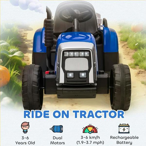 Blue ride-on tractor front view with dual motors and rechargeable battery