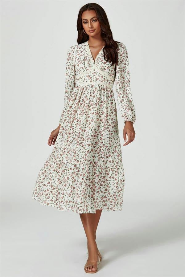 FS Collection Floral Print Long Sleeve Midi Dress In White