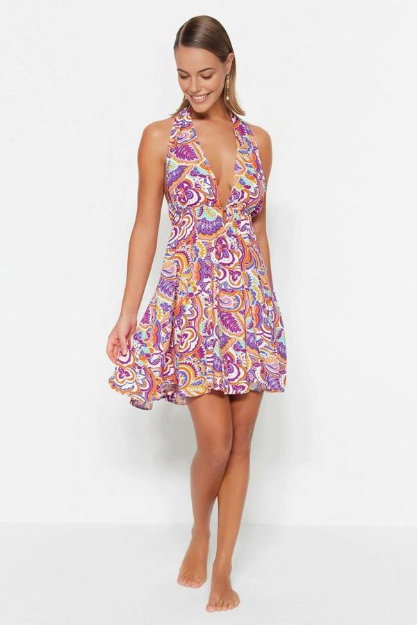 WOVCOR Abstract Print Woven Backless Beach Mini Dress