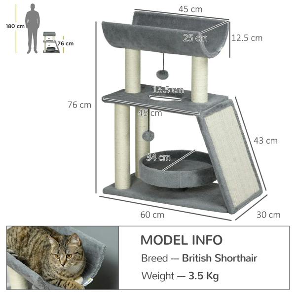 Light grey cat tree tower with scratching posts, round bed, and U-shaped perch—size diagram