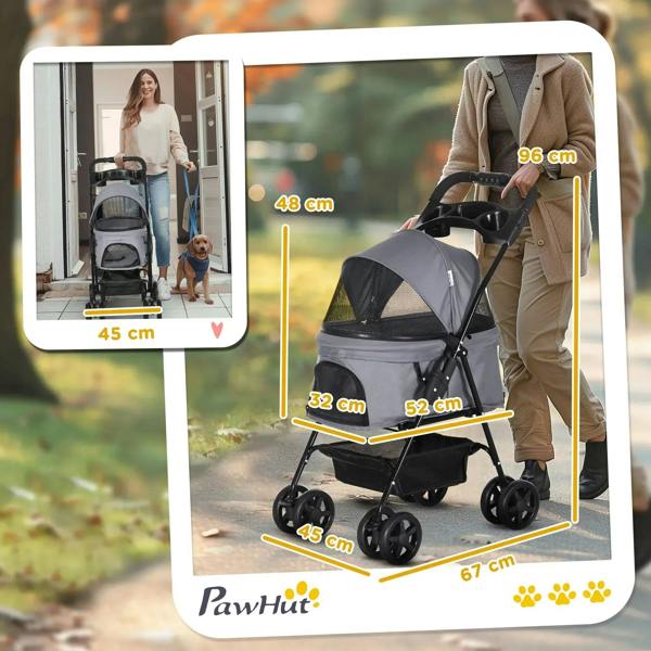 Grey foldable pet stroller shown in a car trunk with wheels and folded frame