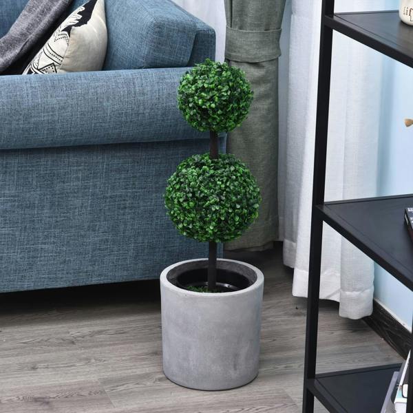 Artificial boxwood ball topiary tree with green spheres on a stem, in a grey pot