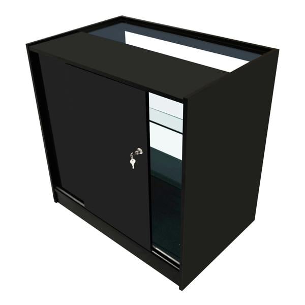 Aries LED Shop Counter Set in sleek black, featuring a glass top, sliding door, and interior shelves for organized display