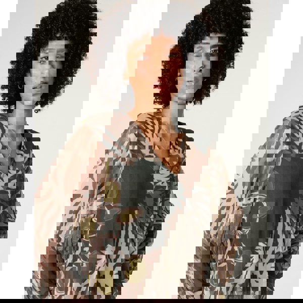 Blue Vanilla Printed Mesh V Neck Puffball Top