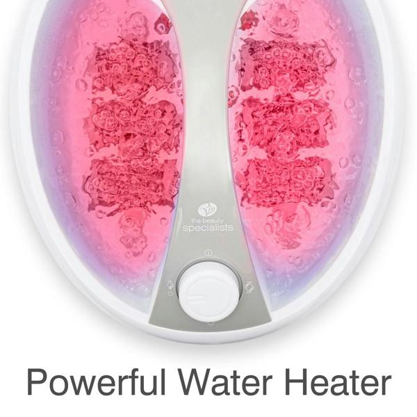 Top view of the Rio Deluxe Foot Spa Bath and Massager with bubbling pink water and a central control dial. "Powerful Water Heater" text appears beneath the image.