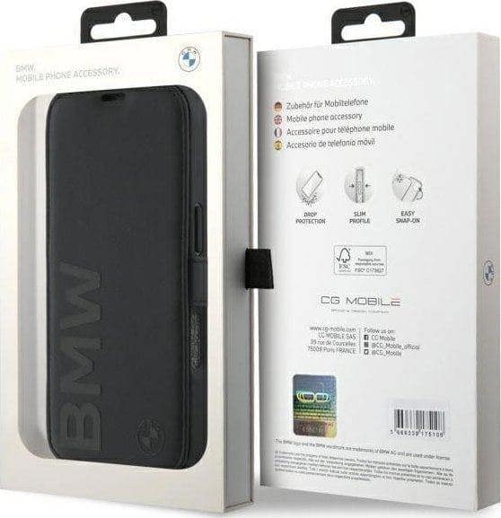 BMW Signature Leather Wordmark Bookcase for iPhone 16 Pro 6.3" Black - BMBKP16L23RMRLK