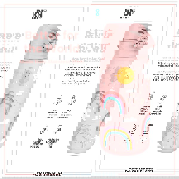 A pink stainless steel water bottle, decorated with rainbows and clouds, sits against a white background. The bottle is described as durable, recyclable, odour-resistant and dishwasher-safe. The text includes "Better for the World" and "ION8".