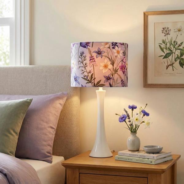 Vivid and Chic Lavender Velvet Lamp Shade with Blue and White Flowers Image 6