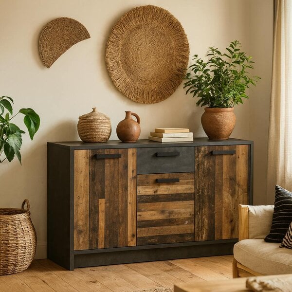 Wyld Haus Whimwick Walnut and Dark Matera Grey Cabinet 3 Doors 1 Drawer