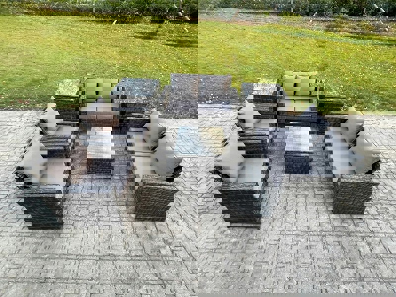 Fimous Rattan Garden Furniture Set Patio Outdoor Lounge Sofa Set with Square Coffee Table Double Seat Sofa 2 Side Tables Dark Grey Mixed
