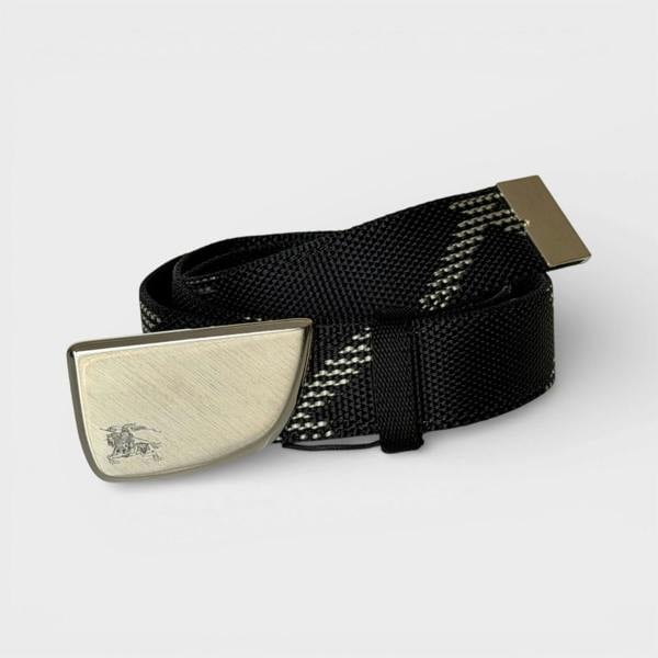 Burberry Metal Buckle Shield Webbing Black Silver Belt