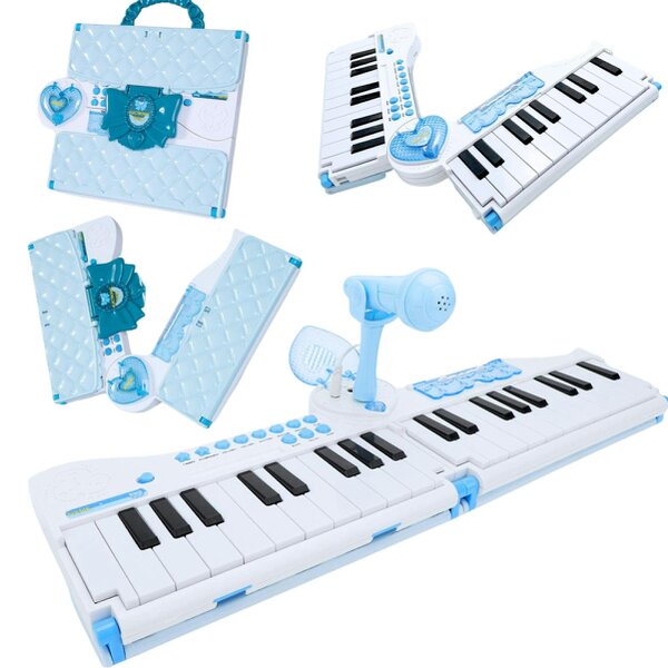 deAO Toys Kids Musical Keyboard Toy Microphone ¨C 40-Key Foldable Piano with Music Lights, Volume Control & Power Adapter - 3+ - blue