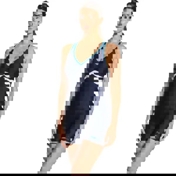 Zoggs Boronia Nelson legsuit in navy blue with white and teal accents