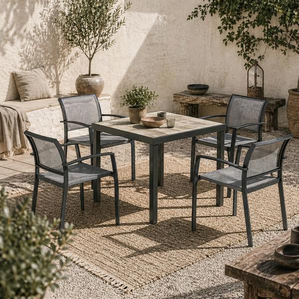 Wyld Haus Velo 4 Seatear Grey Mesh and Metal Frame Outdoor Garden Dining Set Arched Back