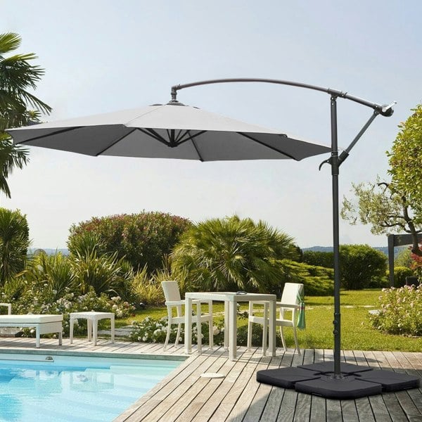 3M Light Grey Sun Parasol Hanging Banana Umbrella Outdoor Sun Shade Parasols Living and Home Cross base+Petal water tank base